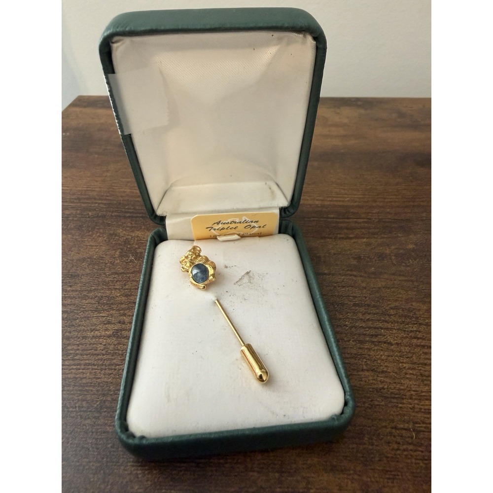 Vintage Australian Triplet Opal‎ Stick Pin 18K Gold Plated Blue Green With Box